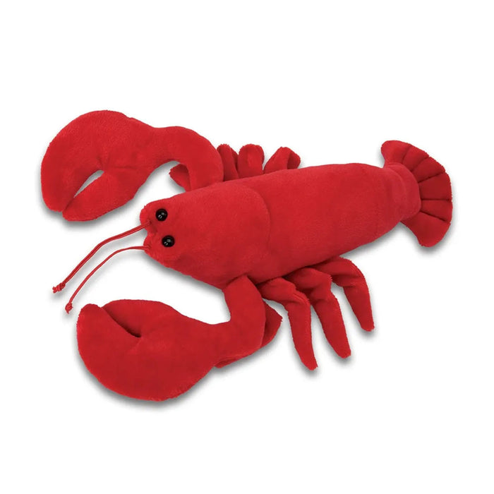 A bright red plush toy in the shape of a lobster with visible claws and a fan-shaped tail.