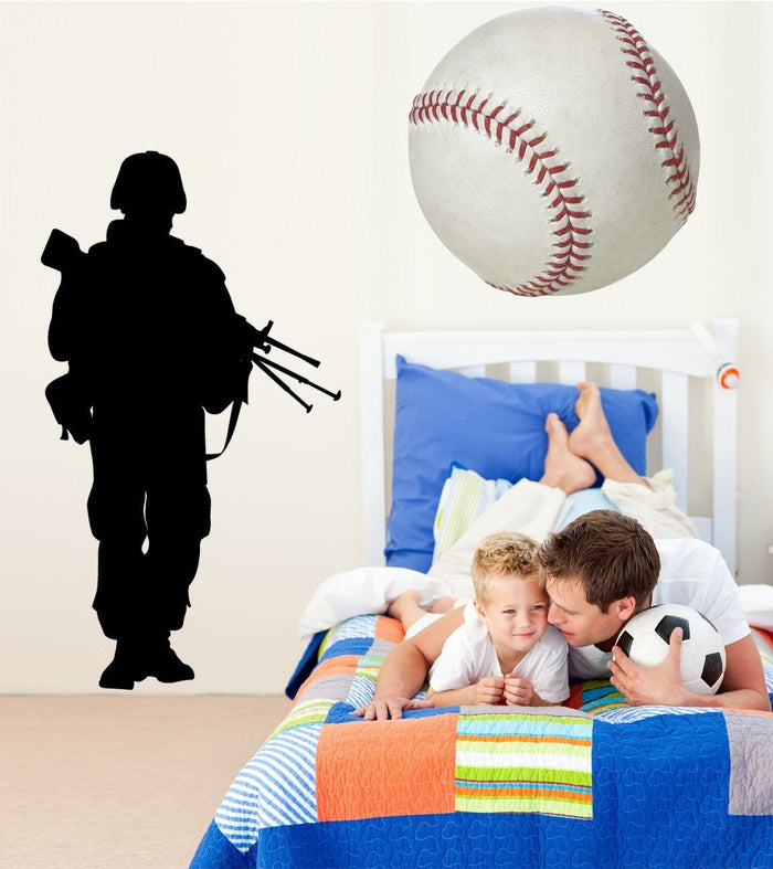 Soldier on patrol military silhouette wall decal by Jaycee Haynes installed in young boys room