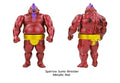 Sparrow Sumo Wrestler - Metallic Red - Preorder: 10-inch sofubi figure with sparrow head, metallic red body, yellow mawashi, purple top-knot/beard. Front and back views. Ships Aug 2025.