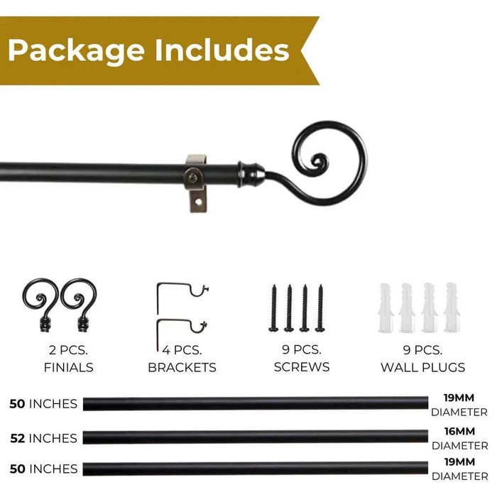 Spiral Metal Finial Extendable Curtain Rod Black 19MM (Hardware Included)