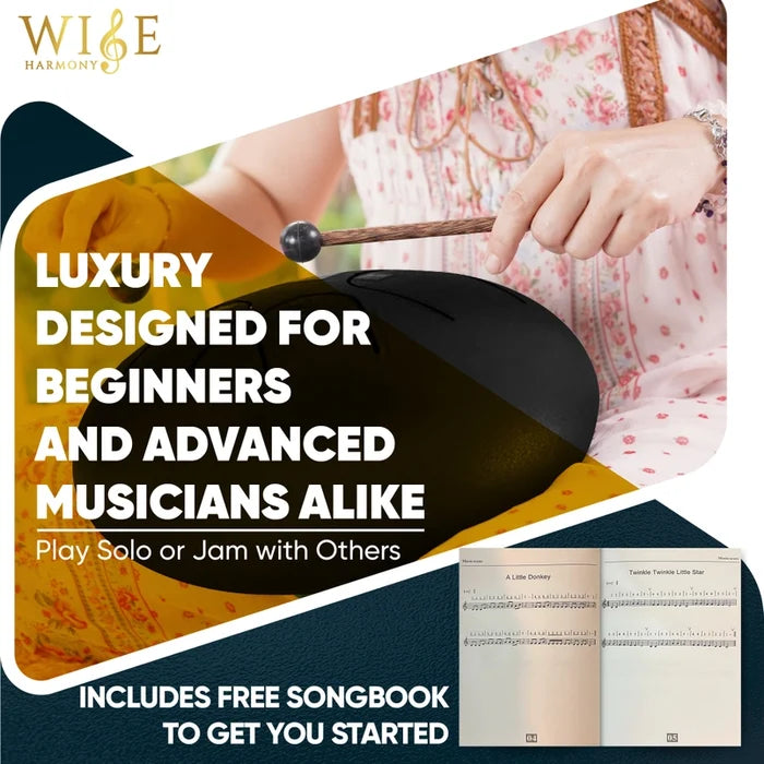 Music instrument with text about luxury design for musicians, including a songbook.