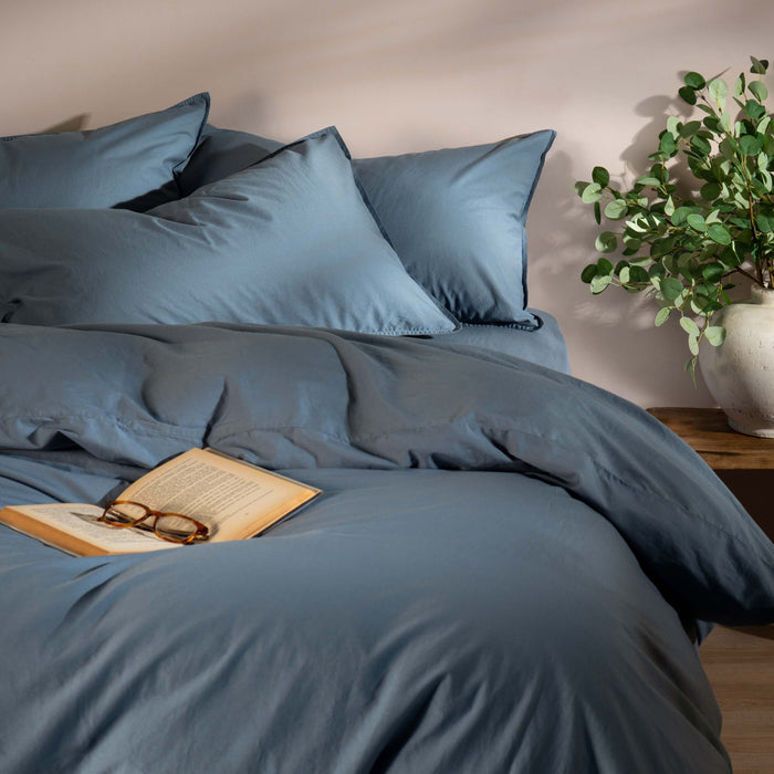 Storm Blue Stonewashed Cotton Superking Bed Set with Pillowcases - linen, breathable, styled in a bedroom | Soak and Sleep