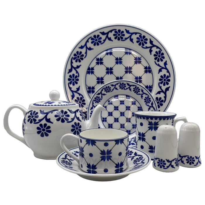 A collection of blue and white dinnerware.