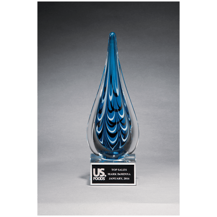 10" Blue and Black Teardrop Art Glass on Clear Glass Base
