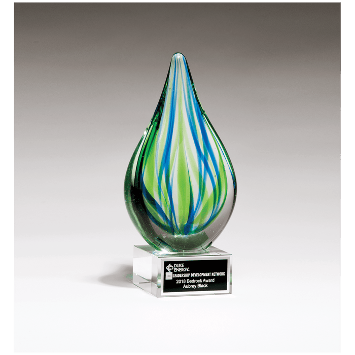 8" Blue and Green Teardrop Art Glass on Clear Glass Base