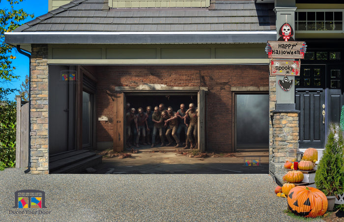 Terrifying Zombies Approaching from the Garage Door Cover Banner Wrap - Decor Your Door