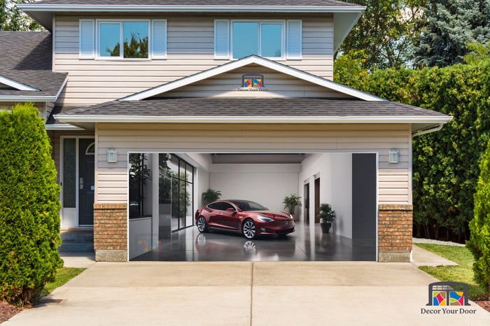 Tesla Model S Parked in the Garage - Garage Door Cover Banner Wrap