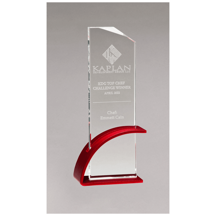 3.9" x 10.1" x.5" Thick Red Clear Glass Award