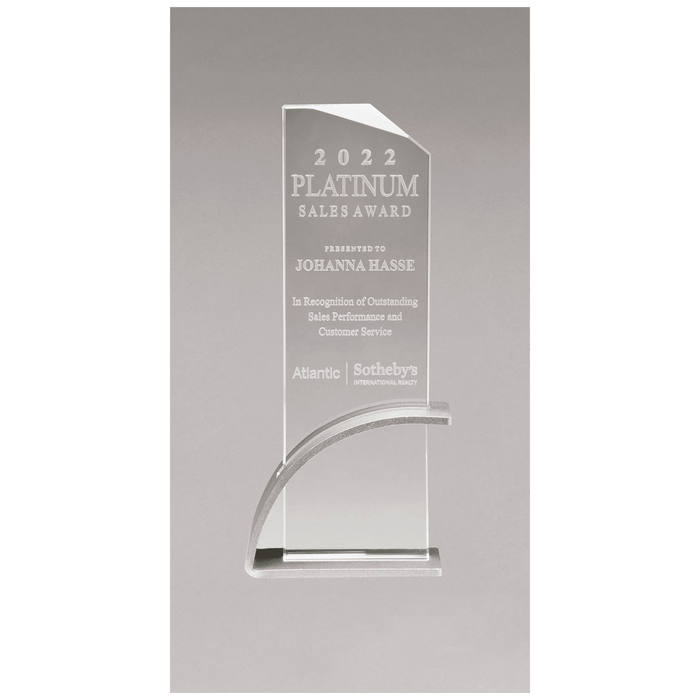 3.9" x 8.5" x.5" Thick Silver Clear Glass Award