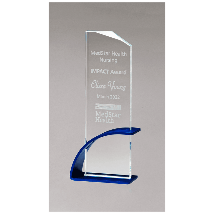 3.9" x 8.5" x.5" Thick Blue Clear Glass Award