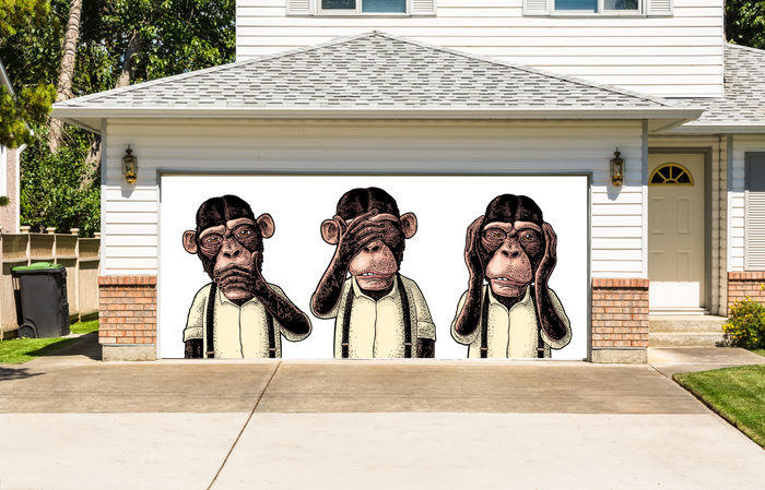 Three Wise Monkeys. Not See, Not Hear, Not Speak. Vintage Garage Door Cover Banner Backdrop