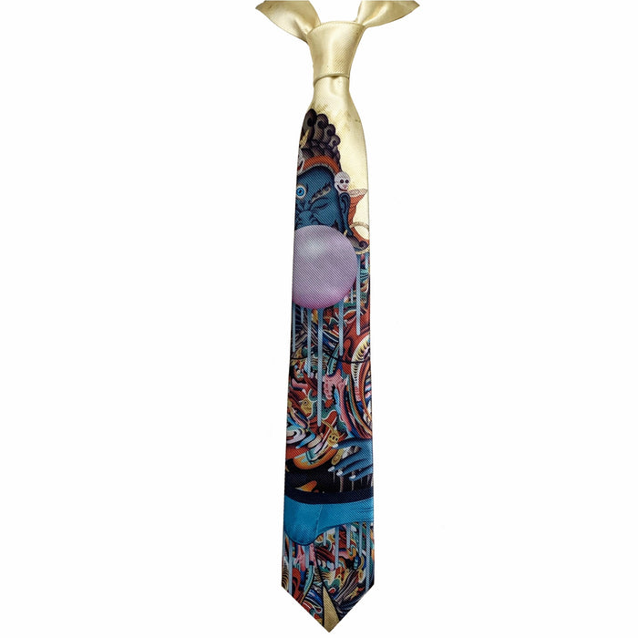 Yellow necktie with image of a blue deity blowing a bubble