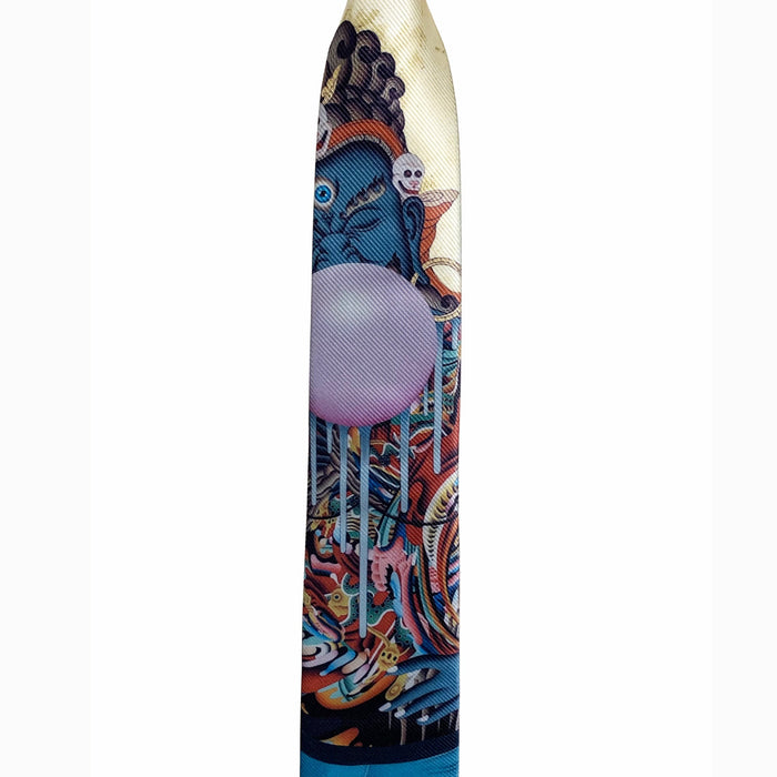 Yellow necktie with image of a blue deity blowing a bubble