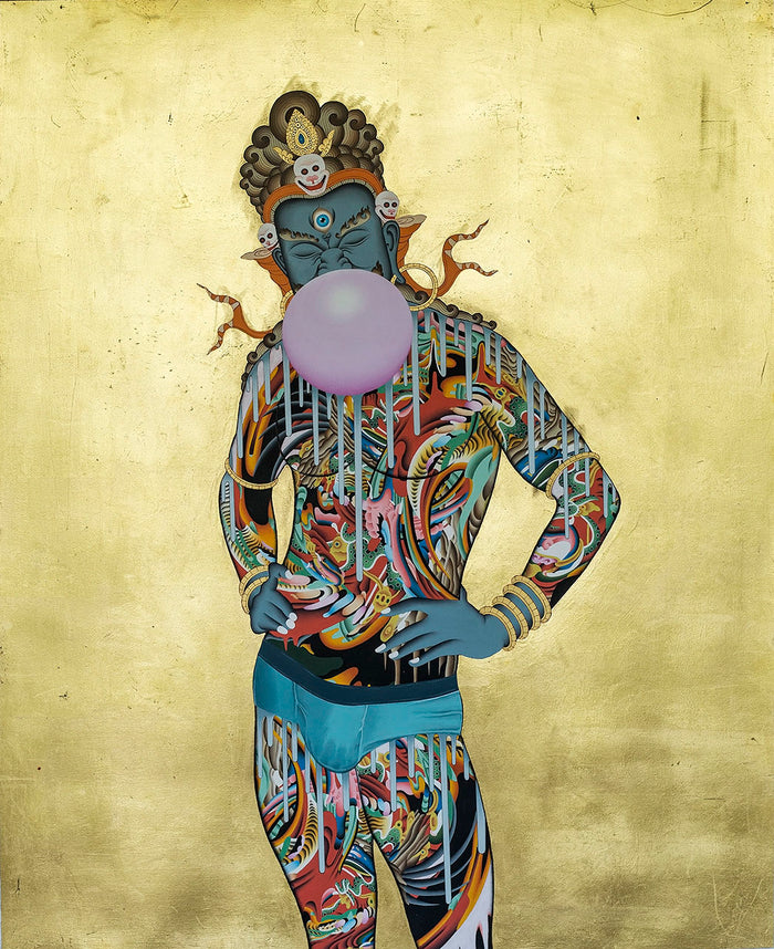 Image of a blue deity blowing a bubble