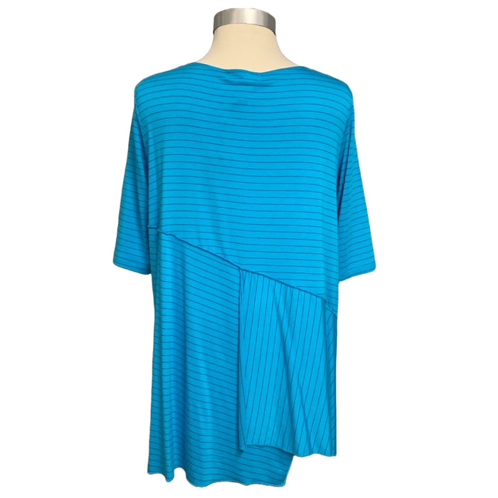 Topaz blue, short sleeve top with black pinstripes
