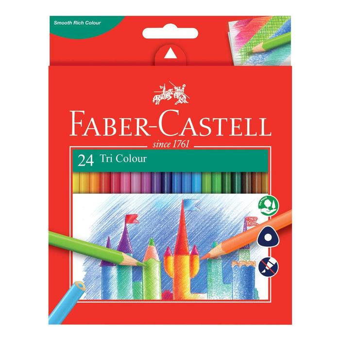 Faber-Castell Tri Colour color pencils packaging with colorful pencils and brand logo.