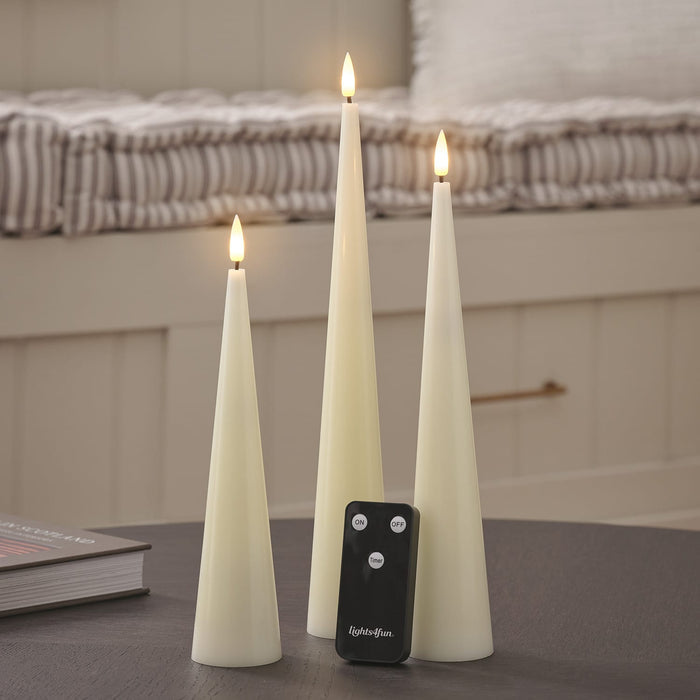 TruGlow® Ivory Slim Cone LED Pillar Candle Trio with Remote Control
