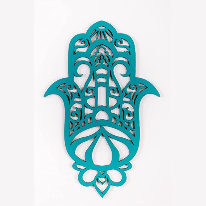 Turquoise Solid Wood Hamsa Shape Wall Art | 6"x10"