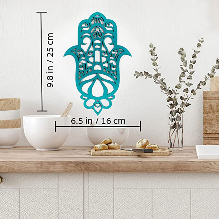 Turquoise Solid Wood Hamsa Shape Wall Art | 6"x10"