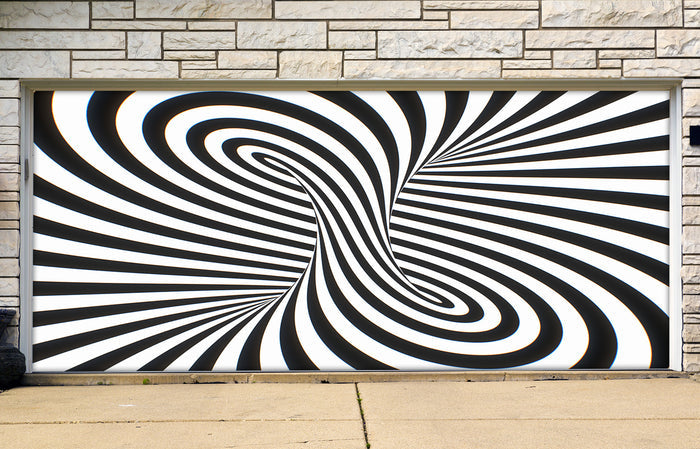 Twisted Black White Hypnotic Optical Illusion Psychedelic Stripes Garage Door Cover Wrap