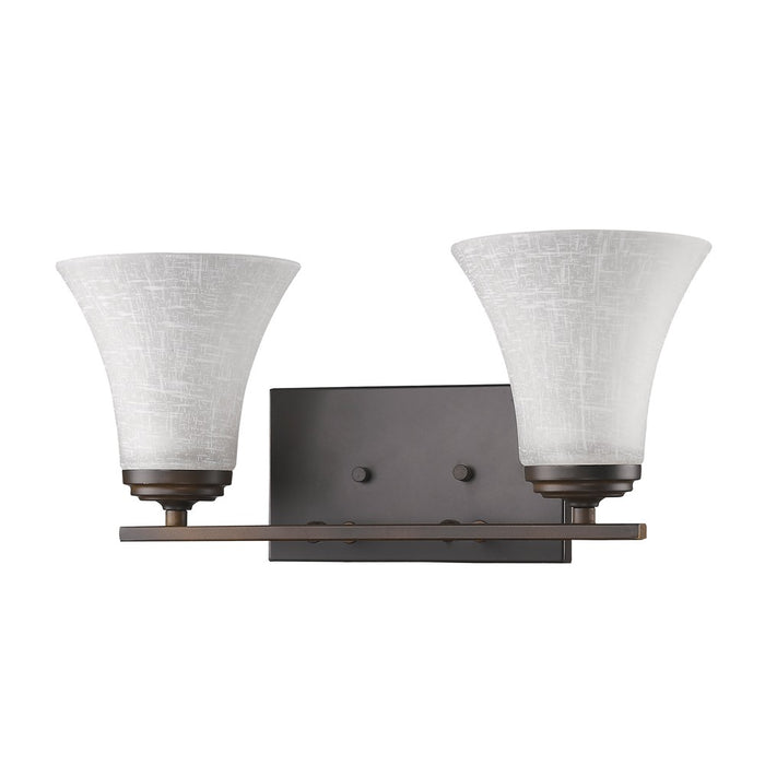 Right side angled view of the Two-light bronze wall fixture with tapered textured white glass shades and rectangular backplate