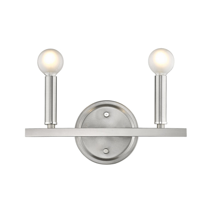 Front view of the lighted Two-Light Silver Wall Sconce – modern polished silver wall light with exposed round bulbs