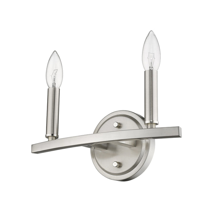 Bottom up right angle view of the Two-Light Silver Wall Sconce – modern polished silver wall light with exposed candelabra bulbs