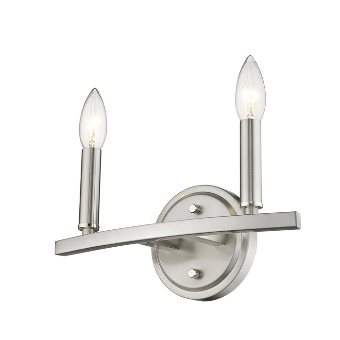 Bottom up right angle view of the lighted Two-Light Silver Wall Sconce – modern polished silver wall light with exposed candelabra bulbs