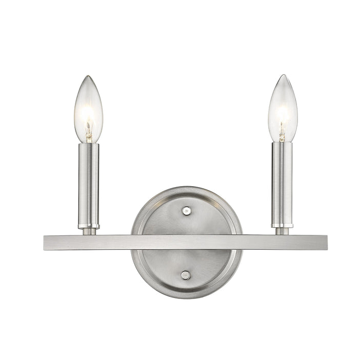 Front view of the lighted Two-Light Silver Wall Sconce – modern polished silver wall light with exposed candelabra bulbs