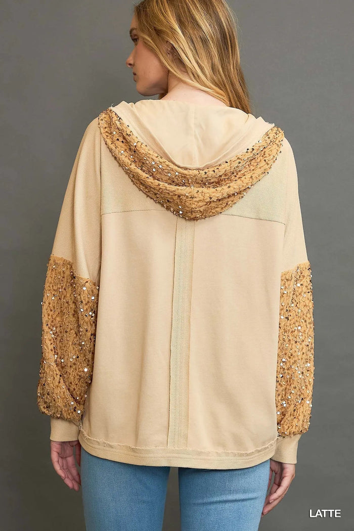 Umgee Latte Sequined French Terry Jacket