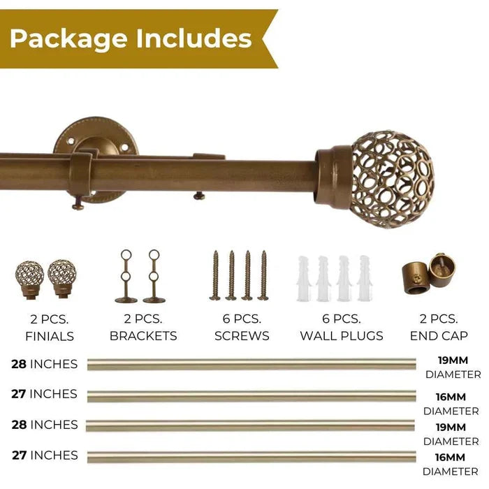 VENTILIA METAL FINIAL EXTENDABLE DOUBLE CURTAIN ROD GOLD 19MM (HARDWARE INCLUDED)