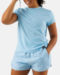Women’s sky blue short sleeve performance athletic shirt by Waggle with lightweight breathable fit