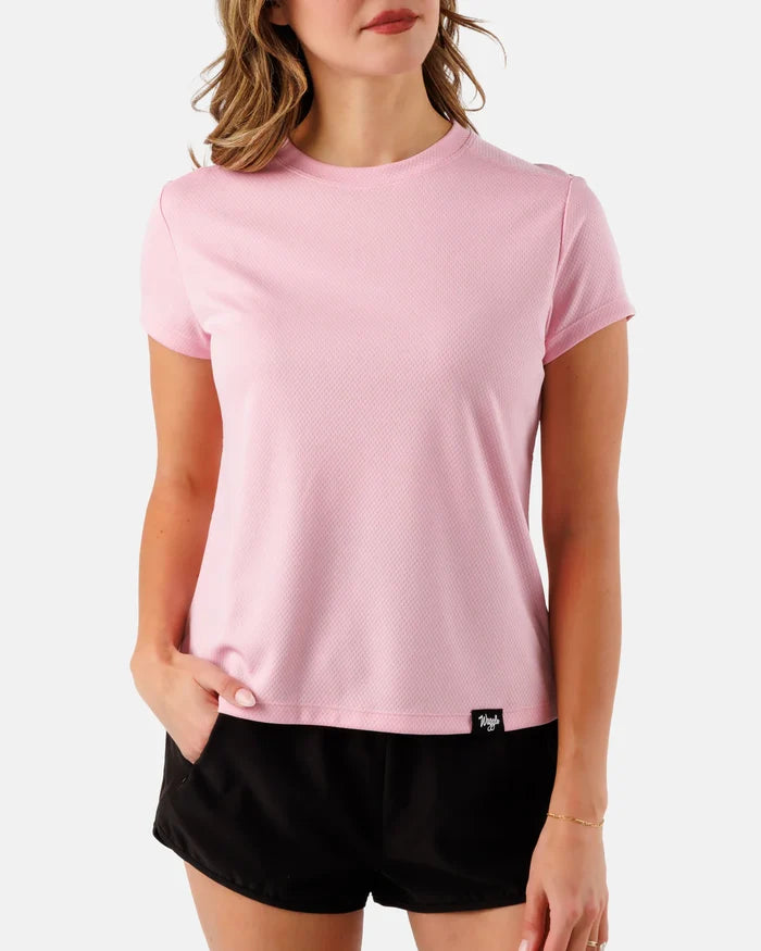 Women’s pink short sleeve performance athletic shirt by Waggle with lightweight breathable fit