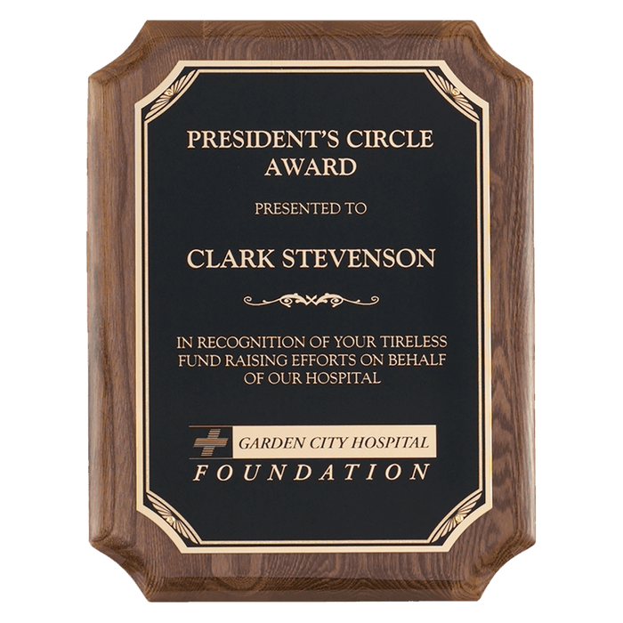 Walnut Piano Finish Plaque w/Gold Border Black Plate
