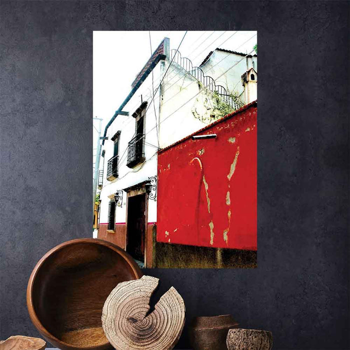 24 inch red and white Mexican house architecture decal installed above wooden bowls
