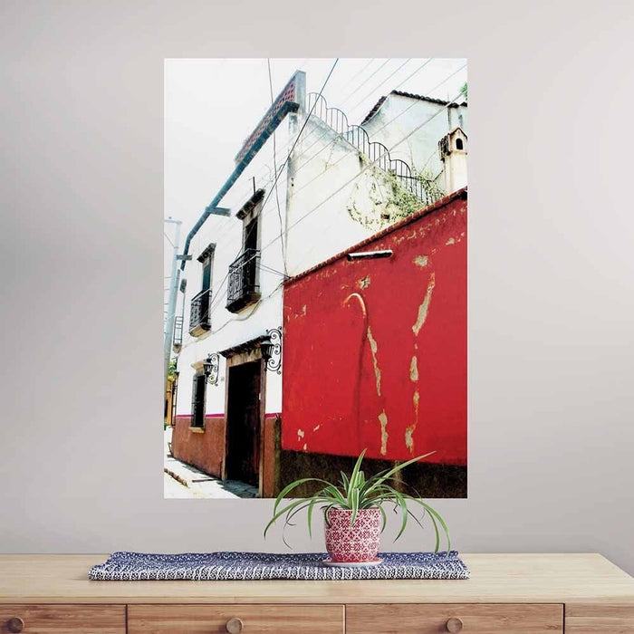 36 inch red and white Mexican house architecture decal installed on wall above counter with a plant
