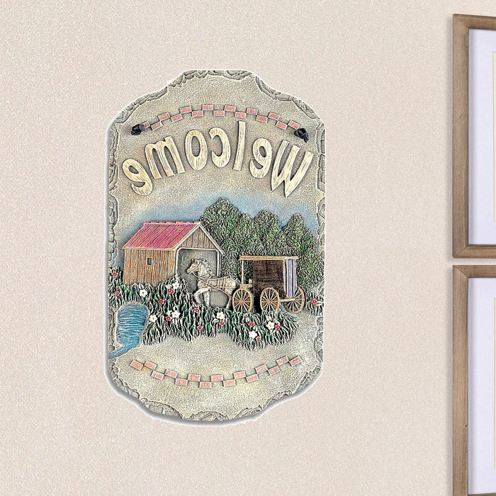"Welcome" Horse Buggy and Bridge Resin Wall Decor | 8"x13"