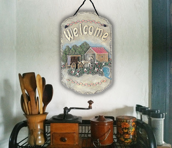 "Welcome" Horse Buggy and Bridge Resin Wall Decor | 8"x13"