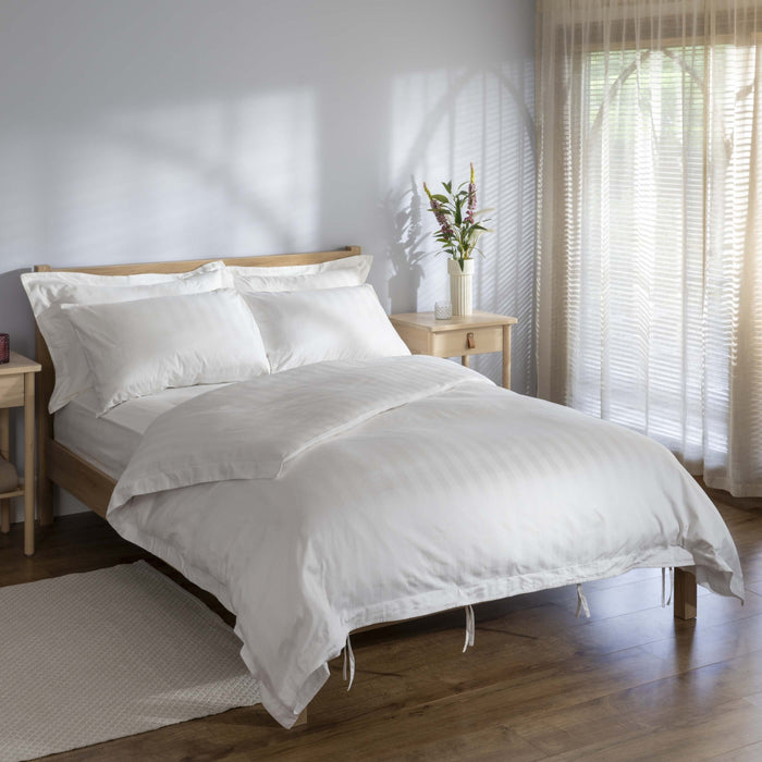 White 400 Thread Count Cotton Dobby Stripe Duvet Cover styled in a bedroom | Soak and Sleep