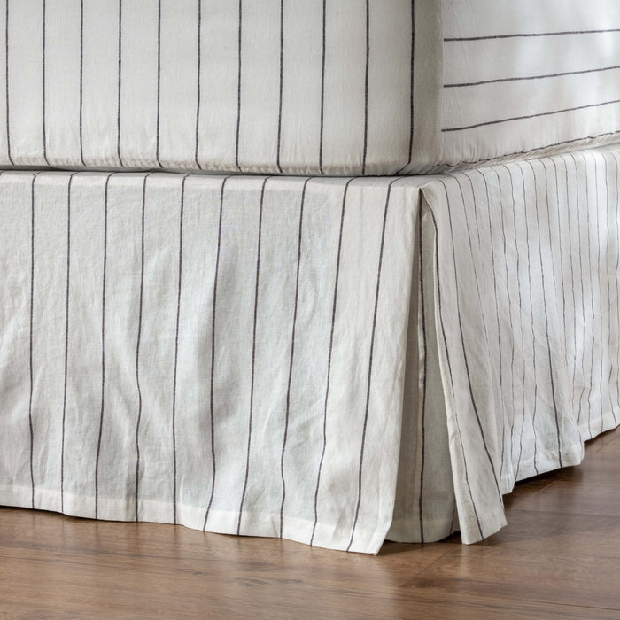 White / Blackberry Pinstripe Blended Linen/Cotton Bed Valance styled in a bedroom | Soak and Sleep