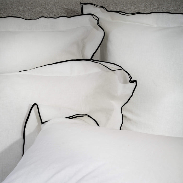 White/ Charcoal Overlocked Edge Linen & Cotton Blend Pillowcases - black, close-up detail 1 | Soak and Sleep