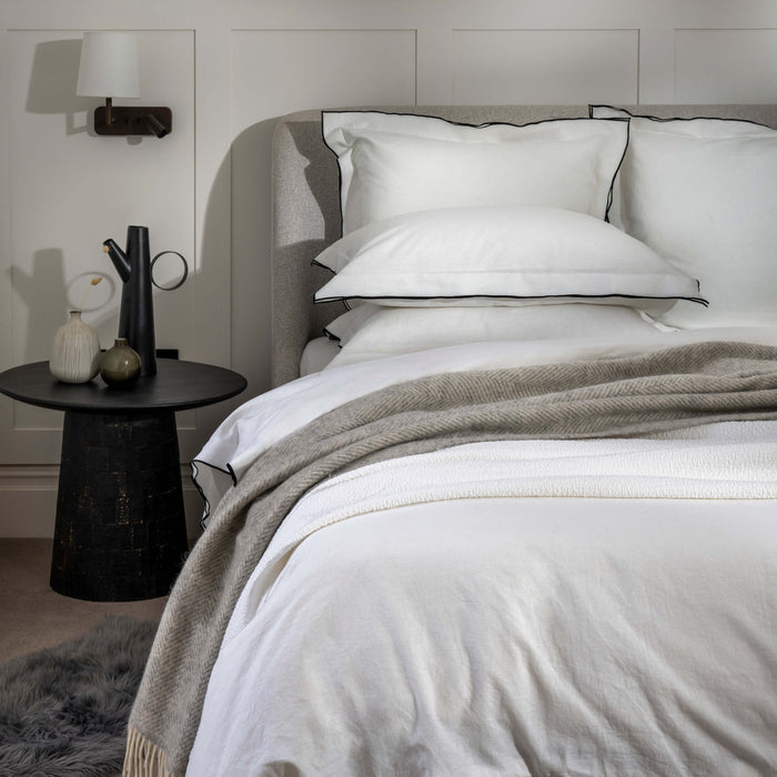 White/ Charcoal Overlocked Edge Linen & Cotton Blend Pillowcases - black, bedroom detail | Soak and Sleep