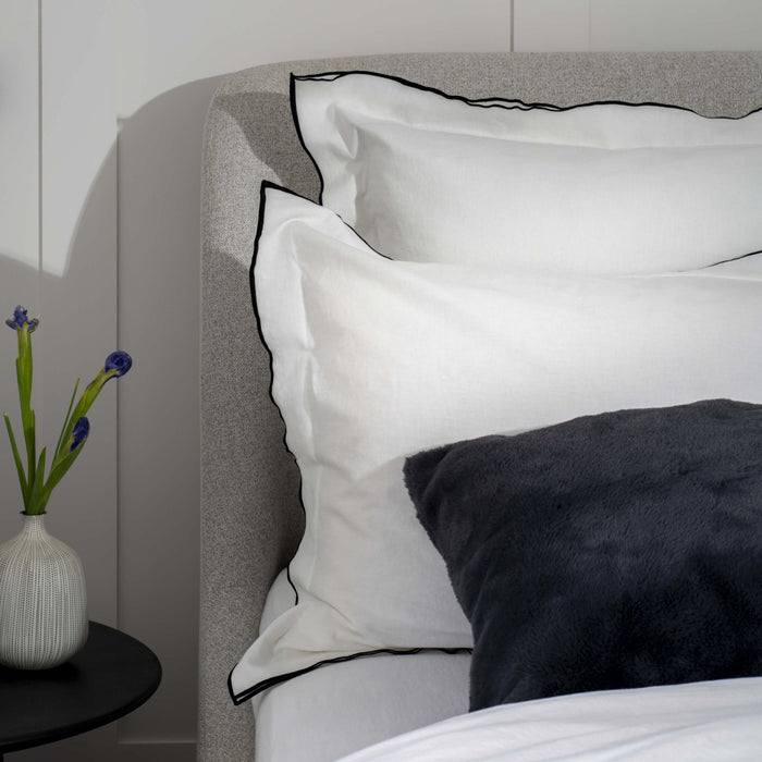 White/ Charcoal Overlocked Edge Linen & Cotton Blend Pillowcases - black, close-up detail 2 | Soak and Sleep