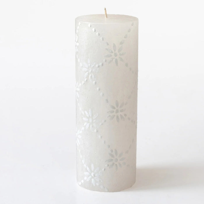 White candle with decorative pattern on a white background