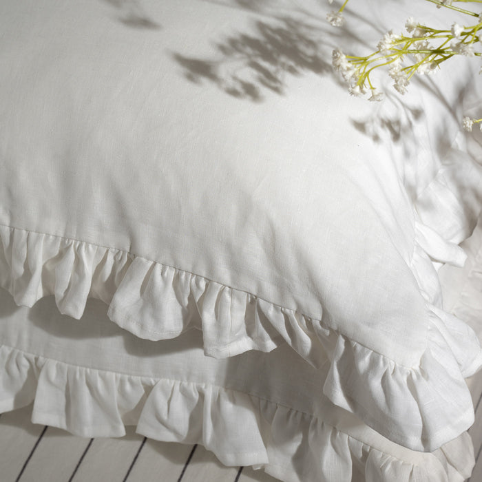 White Ruffled French Linen Bedding And Bed Sheets - temperature regulating, close-up detail 2 | Soak and Sleep