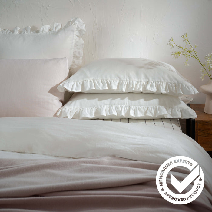 White Ruffled French Linen Pillowcases - temperature regulating, detail view | Soak and Sleep