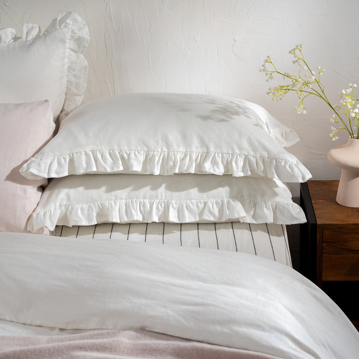 White Ruffled French Linen Pillowcases - temperature regulating, close-up detail 1 | Soak and Sleep