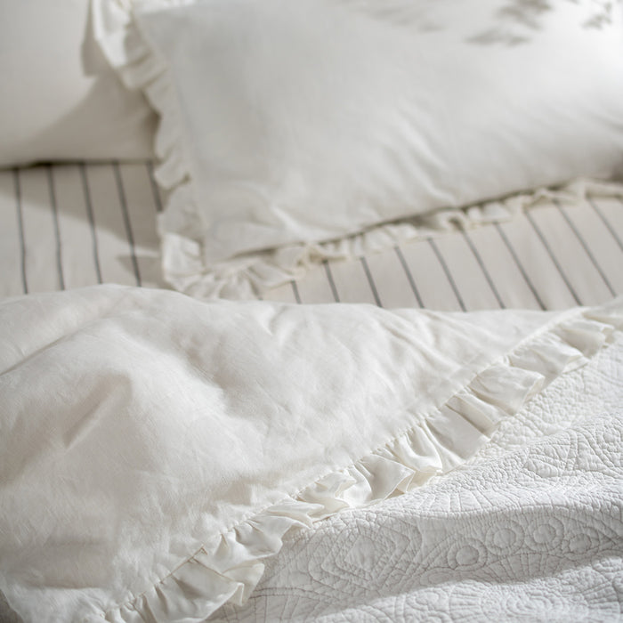 White Ruffled Linen Cotton Blend Duvet Covers close-up detail 1 | Soak and Sleep