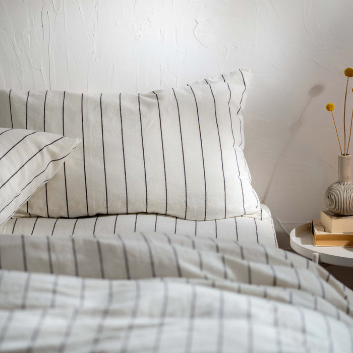 White/Blackberry Pinstripe Linen Cotton Blend Duvet Cover close-up detail 1 | Soak and Sleep
