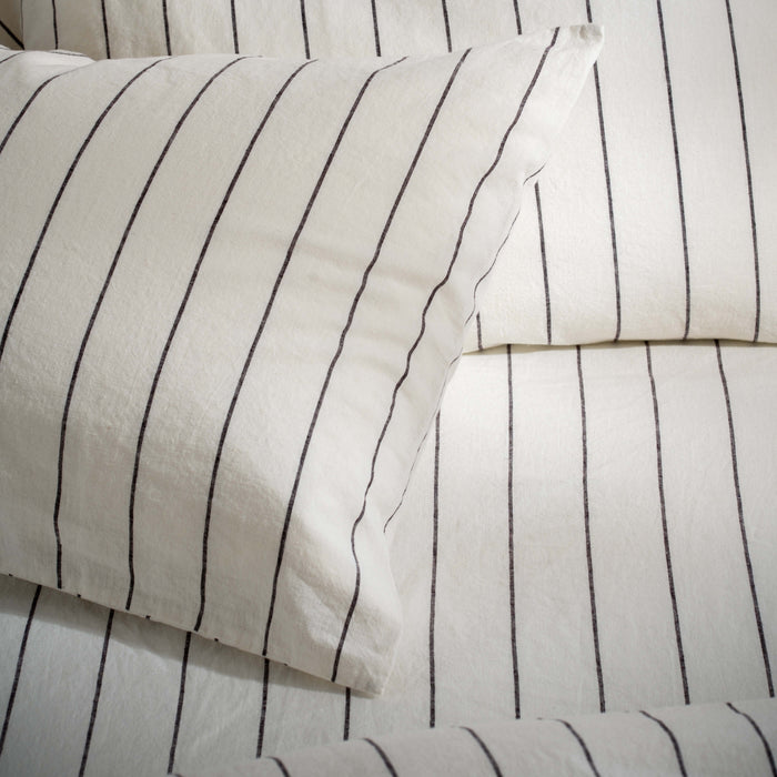 White/Blackberry Pinstripe Linen Cotton Blend Duvet Cover bedroom detail 2 | Soak and Sleep